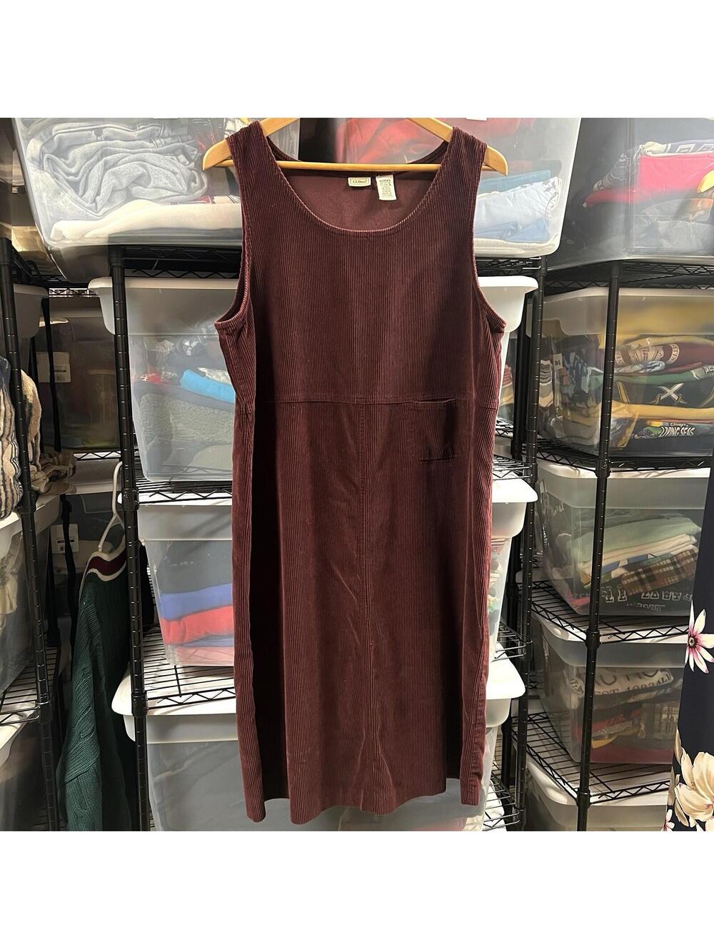 Vintage LL Bean Corduroy Jumper Dress Size 14 Overall Maroon Burgundy Midi